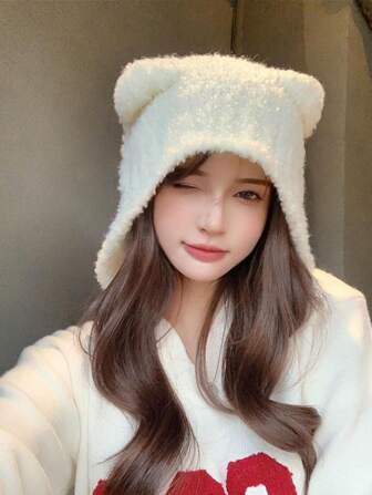 女性可愛小熊針織帽與圍巾套裝,冬季保暖帶耳皮套針織帽