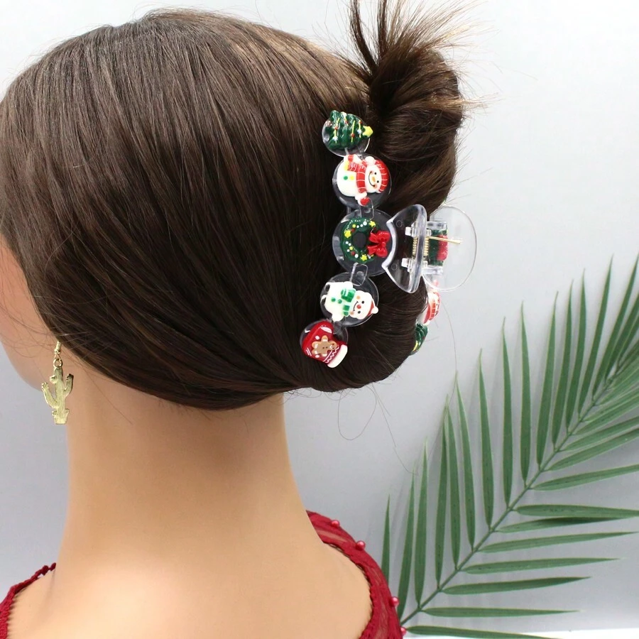 1款聖誕節女性髮夾,帶有雪人、聖誕老人、聖誕樹和馴鹿等元素的聖誕節樹裝飾,髮夾