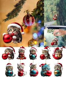 10pcs-Cute Cat Christmas Tree Ornaments, Christmas Cute Cat Acrylic Pendant Set, Christmas Decorative Pendant, Ideal For Christmas Home Decorations, Christmas Tree Ornaments, Car/Backpack Decorations, Plastic Santa Hat Kitty Hanging Decorations For Christmas Tree, Car Rearview Mirror, Keychain, Home And Party Decor, Suitable For Office, Home, And Desktop Decoration