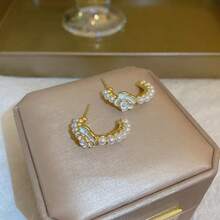 1pair Flower & Faux Pearl Earrings - Yellow Gold - View 3