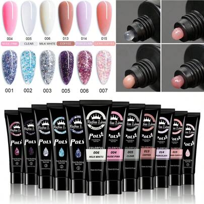 12件套美甲延长胶套装，15毫升美甲延长胶套装，裸色、粉色、透明色，多合一套装，包含延长胶、美甲胶，适合初学者在家DIY美甲，美容礼品