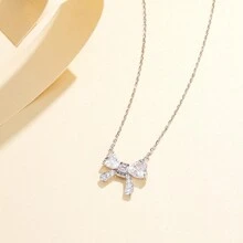 1pc 925 Sterling Silver Ribbon Bow Design Pendant Necklace - Silver - View 5