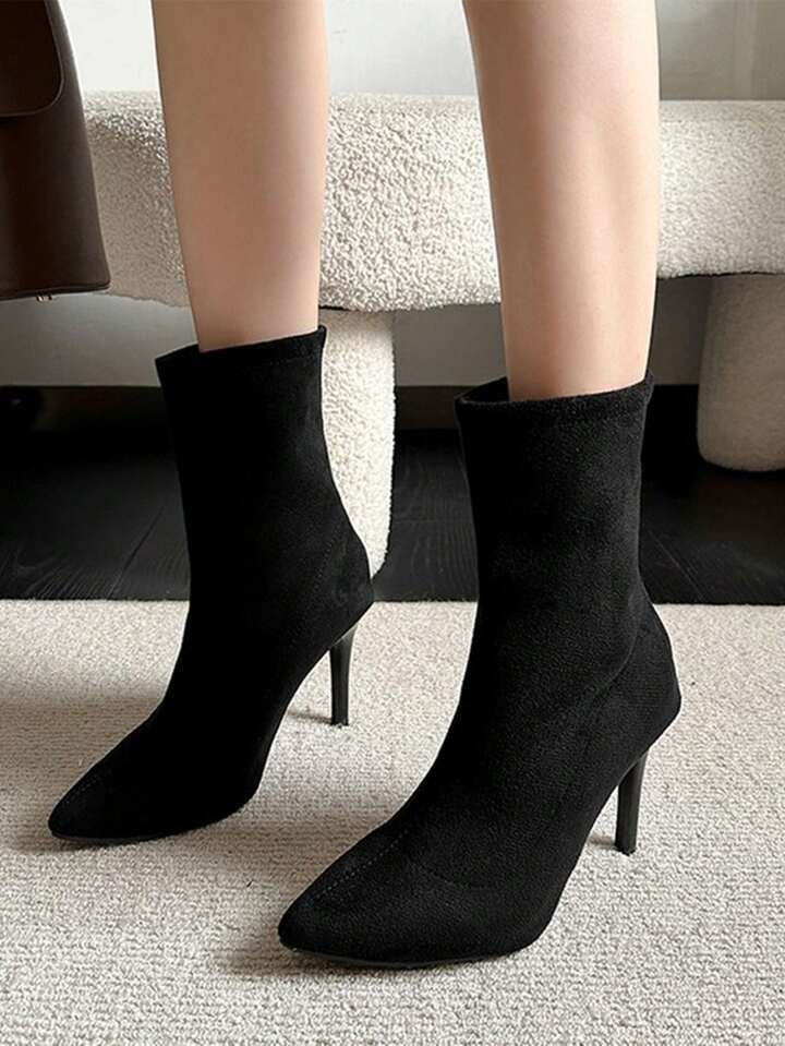 New Fashion Women s Velvet Korean Version Mid calf Boots With Pointed Toes Thin Heels And Back Zipper