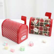 1pc Christmas Decorative Candy Jar Mailbox Shaped Tinplate Candy Biscuit Box Gift Box With Creative Wave Stripe Design - Christmas plaid mailbox - View 5
