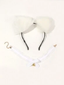 可愛白貓耳朵頭帶和蕾絲項圈,配有鈴鐺和蝴蝶結裝飾,適合孩子