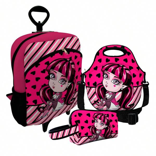 Kit Mochila Com Rodinhas Lancheira em Neoprene Estojo Menina Vampira