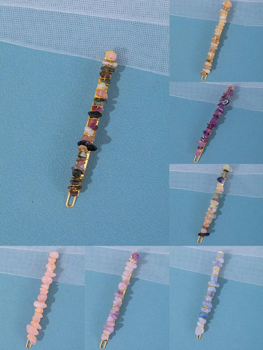 1 件女士彩色天然石水晶发夹日常发夹，公主头饰，适合森系风格，配紫色宝石
