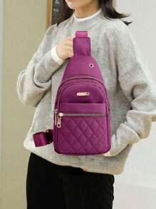 1入簡約經典胸包，純色拼接鋪棉胸包，女士拉鍊胸包，女款小型單肩斜挎後背包，胸包適用於徒步旅行、出行、步行、騎行、獵獸、商務、健身、露營、海灘和日常使用等。是女性生日、周年紀念等的絕佳禮物選擇。 - 紫色 - 查看 2