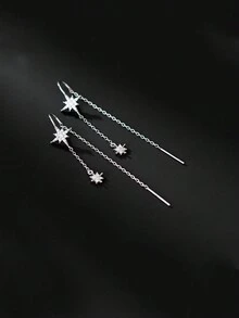 1對流行的八角星流蘇耳環,星形流蘇耳環,適合女性日常通勤佩戴 - 銀色 - 查看 6