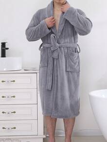 Men's Plain Grey Bathrobe - Grey - View 6