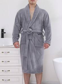 Men's Plain Grey Bathrobe - Grey - View 4
