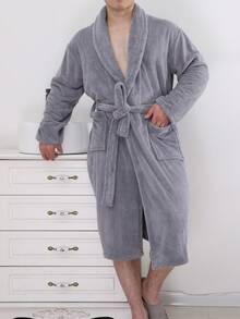 Men's Plain Grey Bathrobe - Grey - View 5