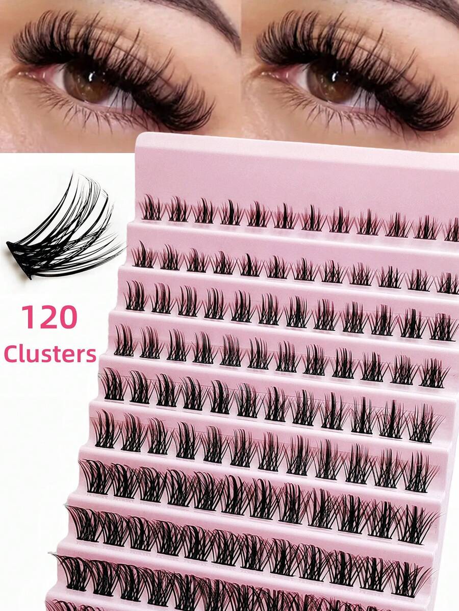 Asiteo 120片D型卷翘柔软蓬松浓密假睫毛，DIY睫毛，轻松在家打造完美妆容，假睫毛簇，单片假睫毛 - 黑色 - 查看 1