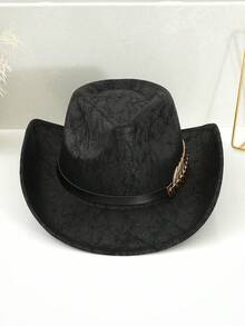 1頂通用款暖黑色皮革西部牛仔帽,金色皮帶扣和鉚釘裝飾,適用於秋冬季的海灘、戶外、購物、派對和日常穿著 - 黑色 - 查看 2