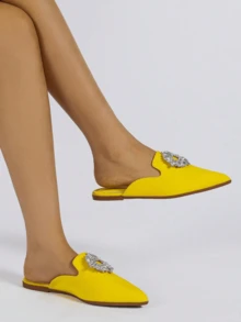 女式大碼平底拖鞋,帶有珠飾扣裝飾,黃色,甜美風格,適用於春秋季節 - 黃色 - 查看 5