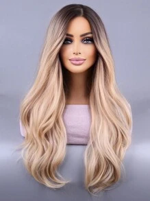 歐美風格中分漸變色長捲髮假髮帽女士款 - 杏色 - 查看 1