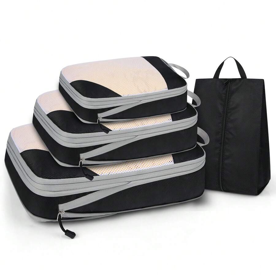 Packing Cubes With Compression 4-Piece/6-Piece Suitcase Organiser Set Packing Cubes Packing Bags For Suitcases Lightweight Travel Organiser Clothes Bags - Black - View 1