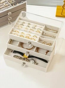 1pc Jewelry Storage Box Three-layer Velvet Jewelry Tray Jewelry Storage Box - Beige - View 5