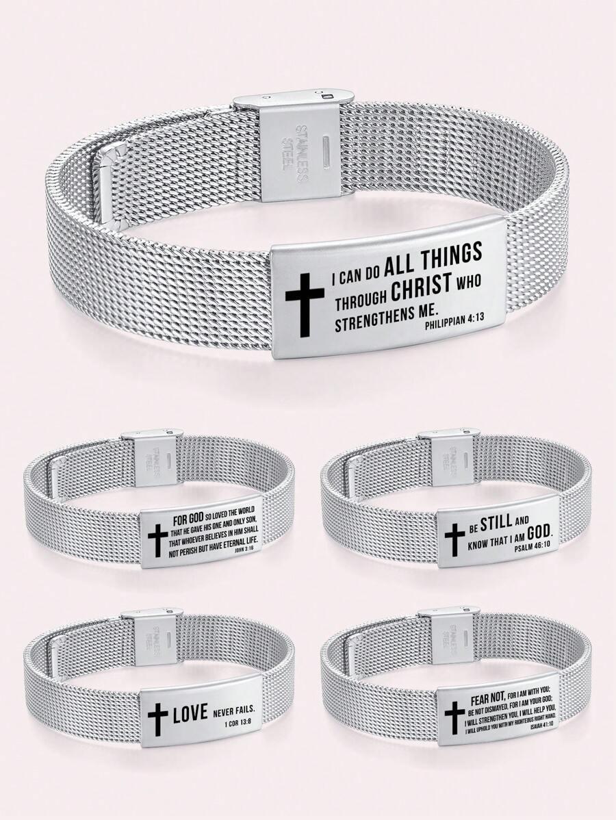 1入組可調式不鏽鋼網狀手鍊,刻有圖案,可供男女日常佩戴或作為聖誕、新年禮物