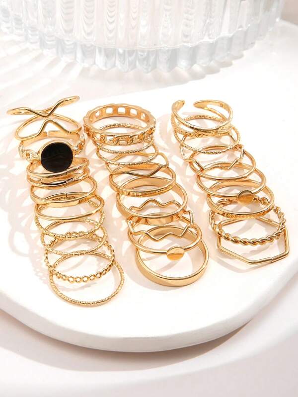 17KM 25pcs/set Of Fashionable & Minimalist Metallic Discs, Oil Drop, Hollow Out, Geometric Design Rings For Holiday, Party, Dating, Gift, And Daily Wear Combos