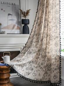 Bubaba 1 pièce de rideaux occultants à imprimé floral, style minimaliste nordique avec décoration de franges noir, convient pour la cuisine, la salle à manger, la chambre à coucher, l'hôtel, la décoration saisonnière