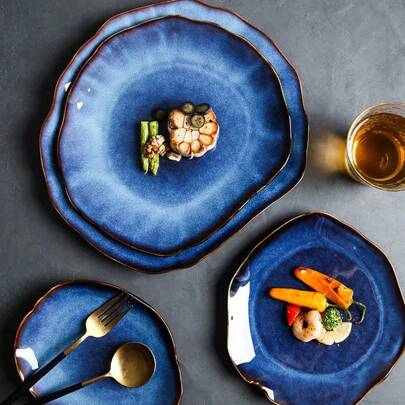 1/2/4 pièces Assiette plate en céramique japonaise asymétrique de couleur bleu œil de chat. Plat à steak, vaisselle de présentation
