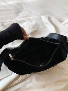 Moderna Bolsa De Hombro Para Mujer De Estilo Retro Y Color Sólido Con Diseño De Empalme - Negro - Ver 2