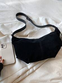 Moderna Bolsa De Hombro Para Mujer De Estilo Retro Y Color Sólido Con Diseño De Empalme - Negro - Ver 4