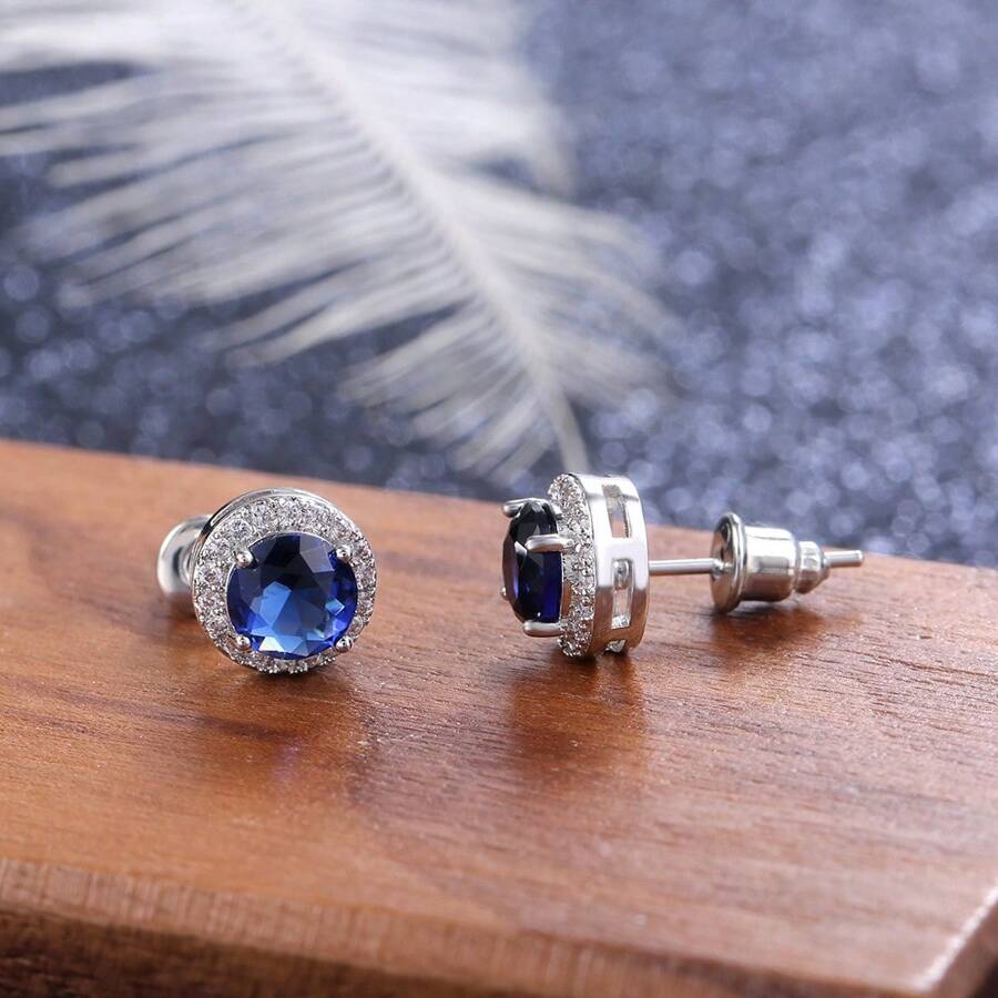 2pcs Cute Colorful Circular Faux Rhinestone Stud Earrings For Women, Black And Navy Blue Cubic Zirconia Gold-Plated, Versatile Everyday Wear, Slimming, Valentine's Day, Mini Size Earrings, Mom, Mother, Mother's Day, Gift - Royal Blue - View 1