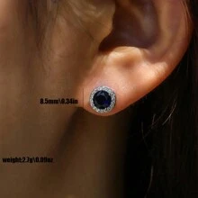 2pcs Cute Colorful Circular Faux Rhinestone Stud Earrings For Women, Black And Navy Blue Cubic Zirconia Gold-Plated, Versatile Everyday Wear, Slimming, Valentine's Day, Mini Size Earrings, Mom, Mother, Mother's Day, Gift - Royal Blue - View 2