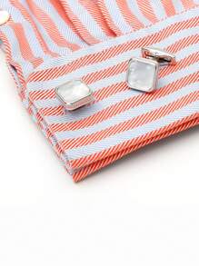 男士袖扣,奢華的法式風格正方形金屬襯衫袖扣,貝母嵌入式 - 銀色 - 查看 5