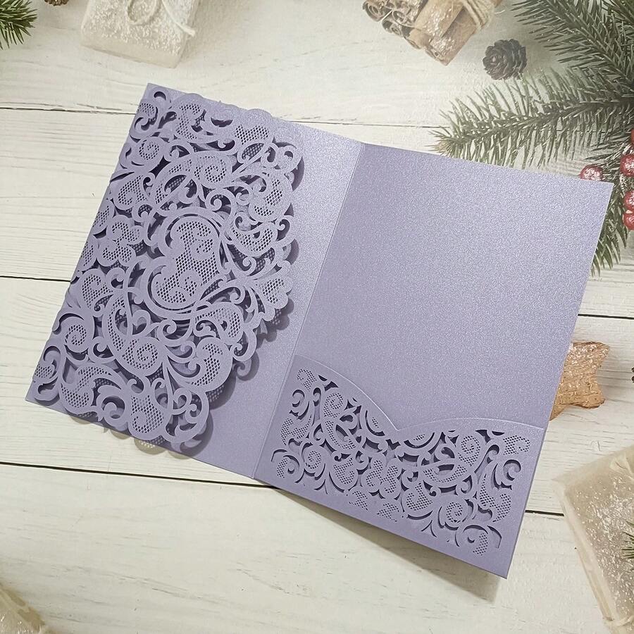10pcs Light Purple Sweetheart Laser Cut Wedding Invitation Card Trifold With Pocket - Multicolor - View 1