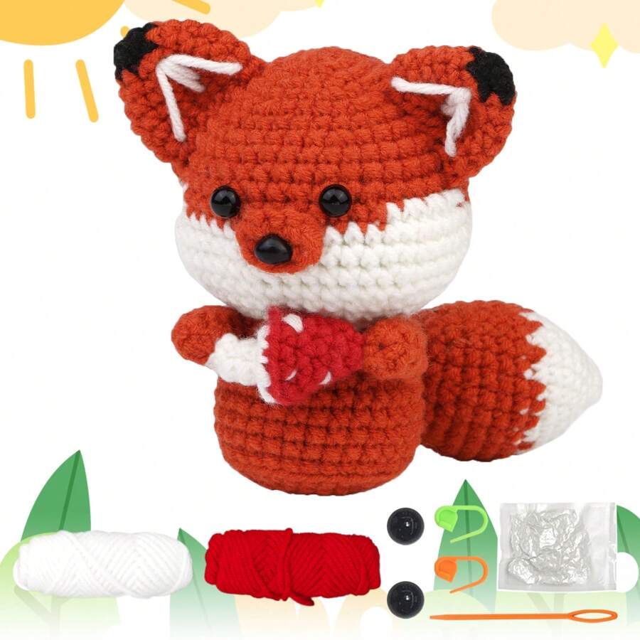 Diy紅狐狸編織套件,配有逐步視頻教程,適合初學者使用的針織動物套件,並附有鉤針娃娃可愛動物編織織物套件,作為節日和生日派對用品的創意禮物,藝術和手工藝品家飾 - 彩色 - 查看 1