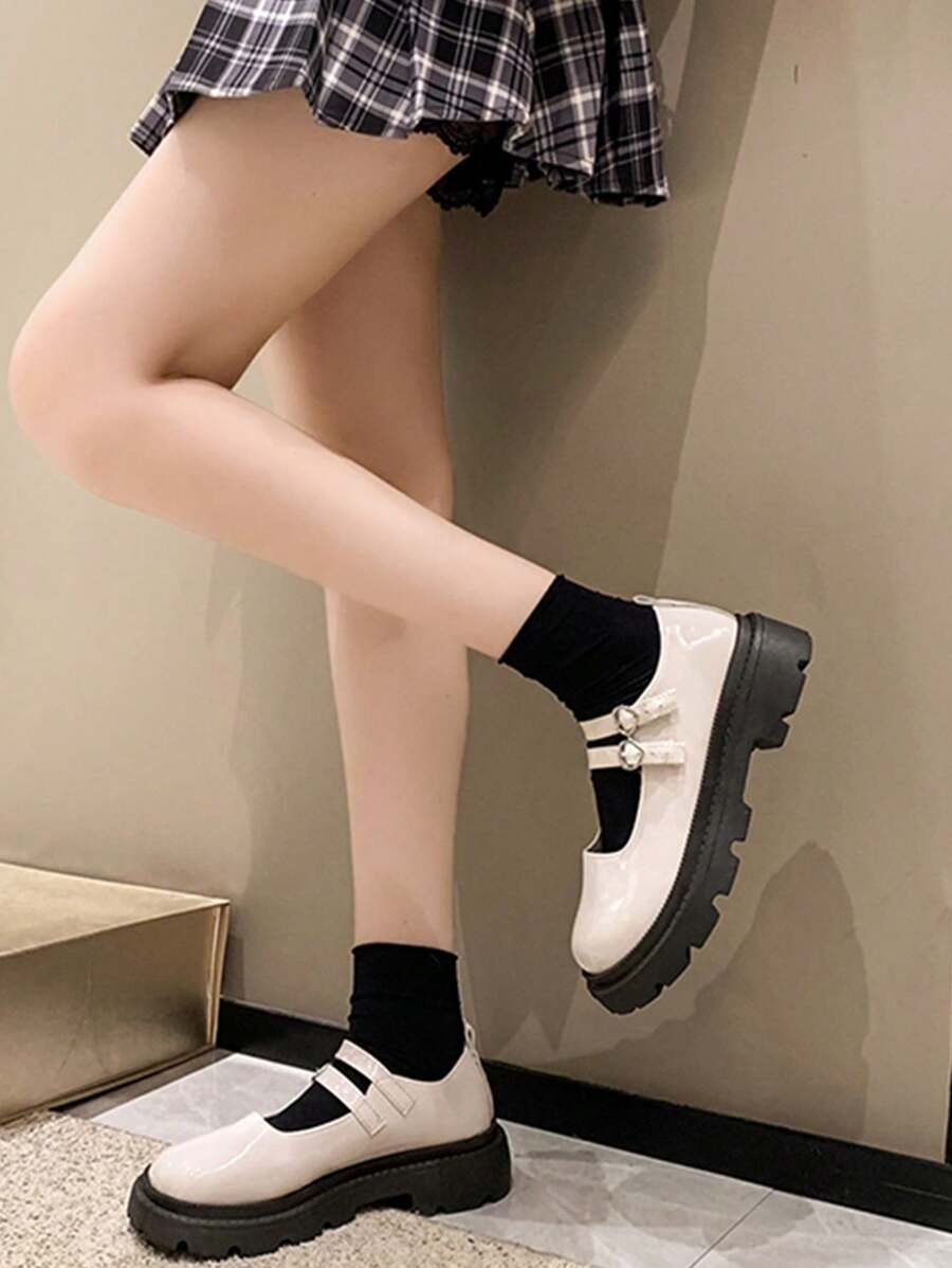 英倫風格女士小皮鞋,適用於2023年秋冬新款厚底厚跟甜美涼鞋,日系jk裙裝,法式珍大腳趾鞋 - 白色 - 查看 1