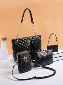 Women's Combination Bag Set - Shoulder, Crossbody, Handbag, Tote Bag! Unique Rhombus Pattern, Durable Material With Large Capacity And Elegant Design, Fashionable Cross-Border Favorite, Easy To Look Stylish. - Black - View 3