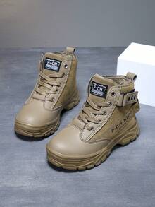 Boys' Boots Snow Boots, Pu Upper Delicate Soft With Flexibility, High Strength And Wear Resistance, Plush Lining For Warmth And Anti-Chafing, Shock-Absorbing And Lightweight Sole, Clear Treads For Anti-Slip And Wear Resistance, Round Toe Lace-Up Design, Stylish Outdoor Snow Boots For Spring, Autumn And Winter - Khaki - View 3