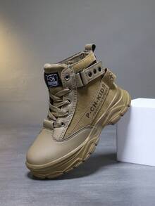 Boys' Boots Snow Boots, Pu Upper Delicate Soft With Flexibility, High Strength And Wear Resistance, Plush Lining For Warmth And Anti-Chafing, Shock-Absorbing And Lightweight Sole, Clear Treads For Anti-Slip And Wear Resistance, Round Toe Lace-Up Design, Stylish Outdoor Snow Boots For Spring, Autumn And Winter - Khaki - View 4
