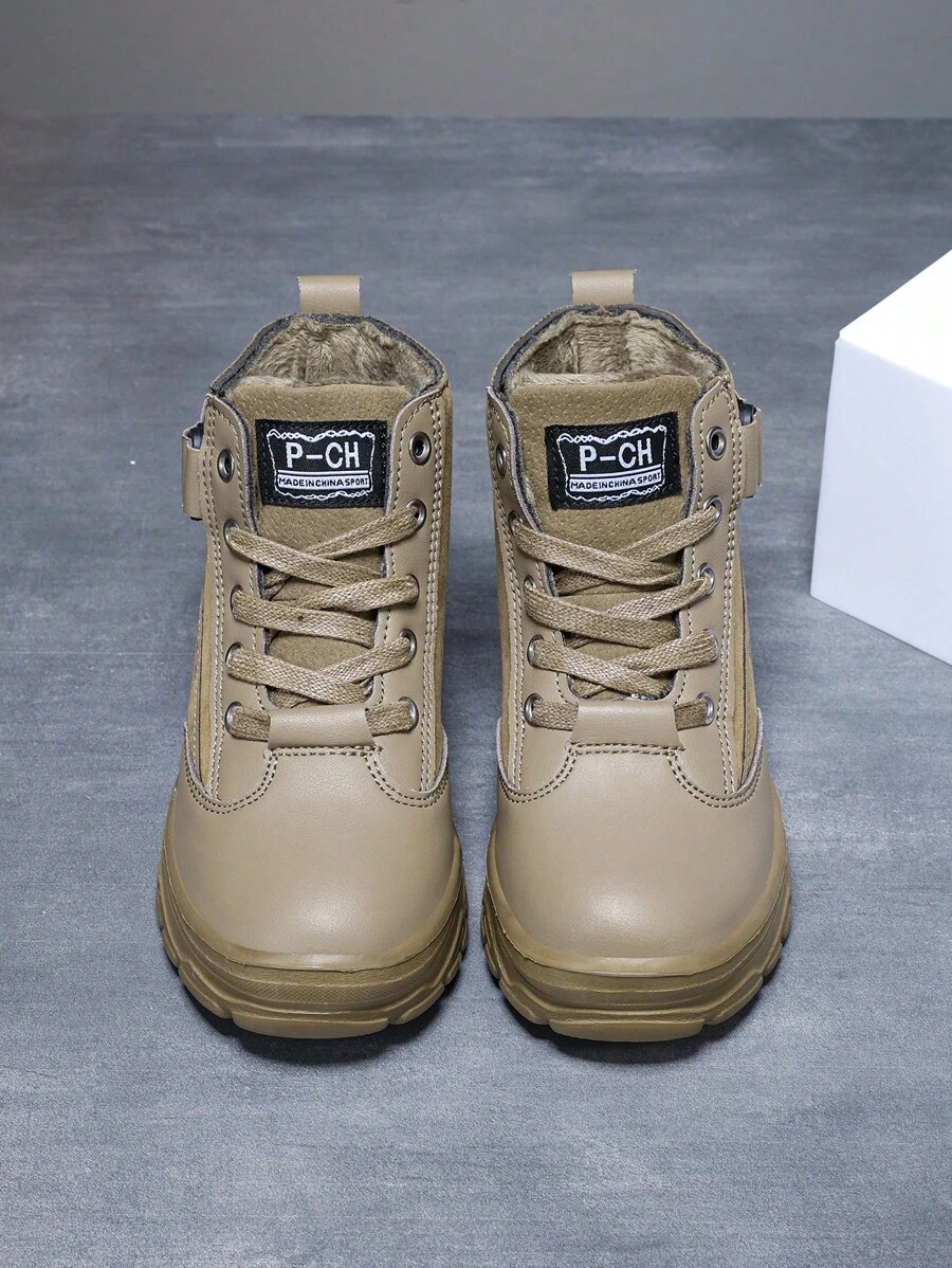 Boys' Boots Snow Boots, Pu Upper Delicate Soft With Flexibility, High Strength And Wear Resistance, Plush Lining For Warmth And Anti-Chafing, Shock-Absorbing And Lightweight Sole, Clear Treads For Anti-Slip And Wear Resistance, Round Toe Lace-Up Design, Stylish Outdoor Snow Boots For Spring, Autumn And Winter - Khaki - View 1