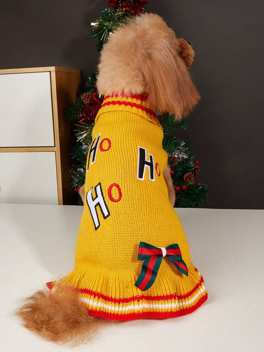 1 件套宠物服装针织经典圣诞黄色刺绣 Hoho 蝴蝶结毛衣，适合比熊犬和贵宾犬
