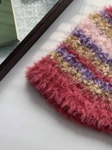 1 chiếc mũ len dệt kim sọc nhiều màu và sợi bạc có tua rua dành cho nữ, dày và ấm áp vào mùa đông - Hồng - Xem 5