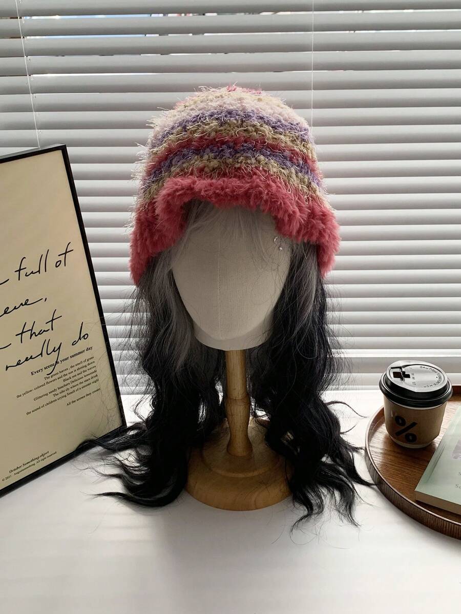 1 chiếc mũ len dệt kim sọc nhiều màu và sợi bạc có tua rua dành cho nữ, dày và ấm áp vào mùa đông - Hồng - Xem 1