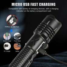 LED Flashlight, LED Flashlight 10,000 Lumens, Rechargeable Via USB, Extremely Bright Flashlights, Battery-Powered Flashlight, IPX4 Waterproof, For Outdoor Camping, Hiking, Emergencies - 黑色 - 查看 4