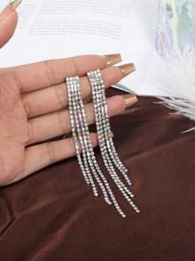 2pcs Fashionable And Elegant Copper Alloy Square Shape Cubic Zirconia Diamond Decorated Long Earrings For Daily Wear By Women - Silver - View 5