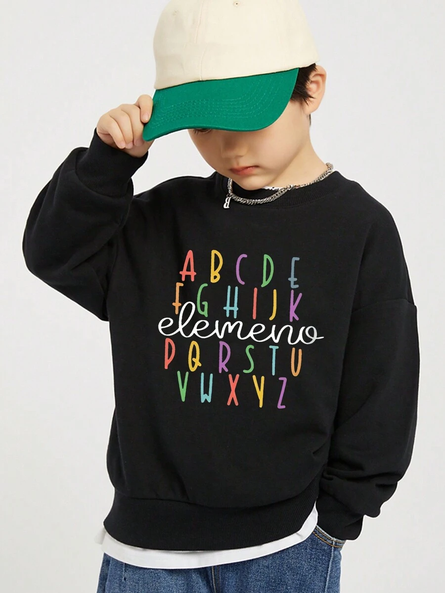 Boys' Stylish Printed Sweatshirt With Round Neckline For Casual Streetwear, Autumn And Winter - Black - View 1