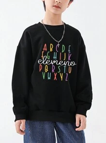 Boys' Stylish Printed Sweatshirt With Round Neckline For Casual Streetwear, Autumn And Winter - Black - View 7