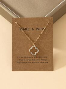 1pc Gemstone Inlaid Metal Hollow Flower Necklace With Geometric Clover Shape Pendant - Multicolor - View 1