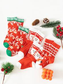 5對聖誕節男女童可愛聖誕老人印花襪子,時尚的秋冬新年襪子