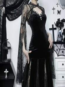 哥特风黑色蕾丝性感喇叭袖披肩斗篷，新娘必备 - 黑色 - 查看 2