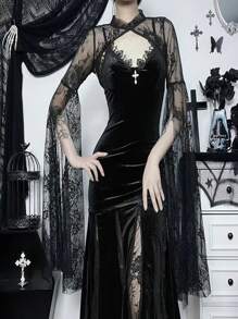 哥特风黑色蕾丝性感喇叭袖披肩斗篷，新娘必备 - 黑色 - 查看 1