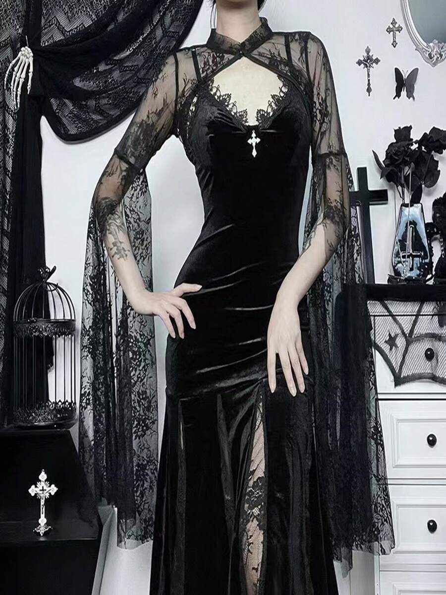 哥特风黑色蕾丝性感喇叭袖披肩斗篷，新娘必备 - 黑色 - 查看 1